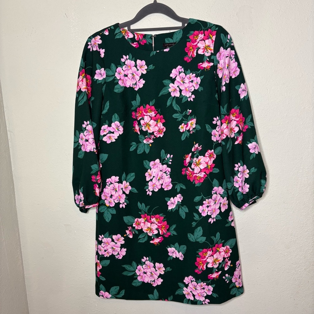 Ann Taylor Green Shift Dress with Pink Floral Print Size 0